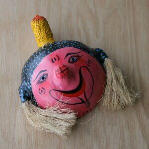 Vintage Mexican Folk Art Hand Painted Coconut Mask
